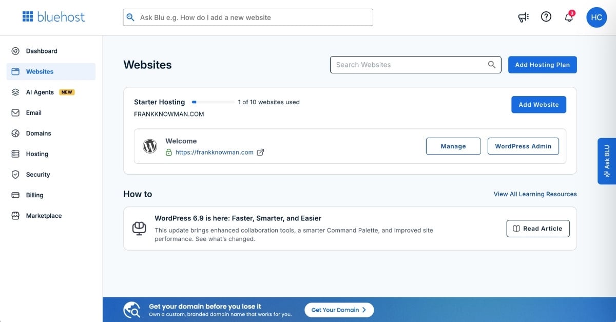 Bluehost 後台 Websites 介面