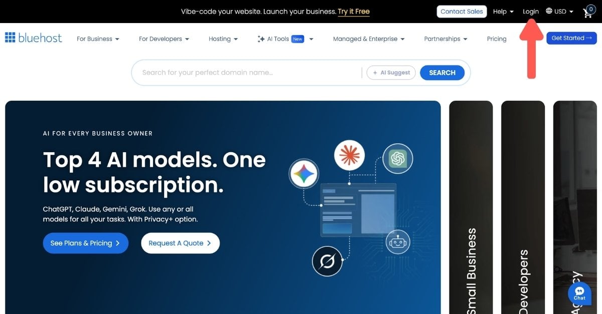 從 Bluehost 首頁登入 Bluehost 後台