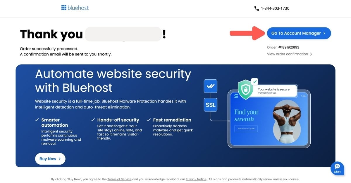完成購買後，點擊 Go to Account Manager 可進入 Bluehost 後台