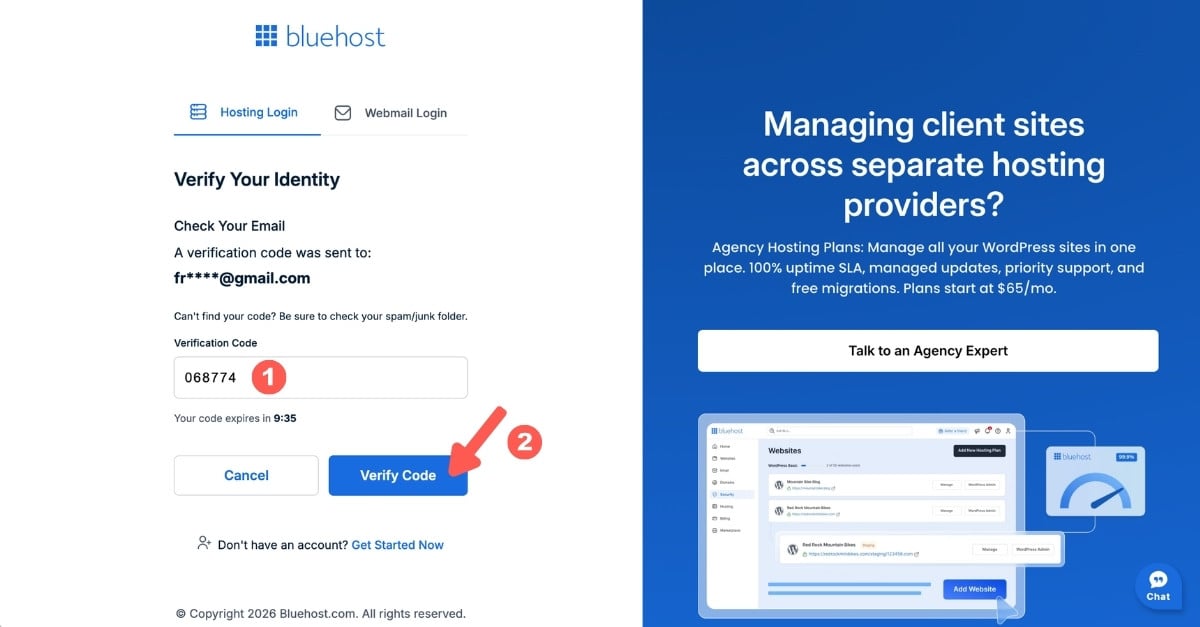 Bluehost 會發驗證碼到信箱，輸入後進行驗證（請輸入自己的驗證碼）