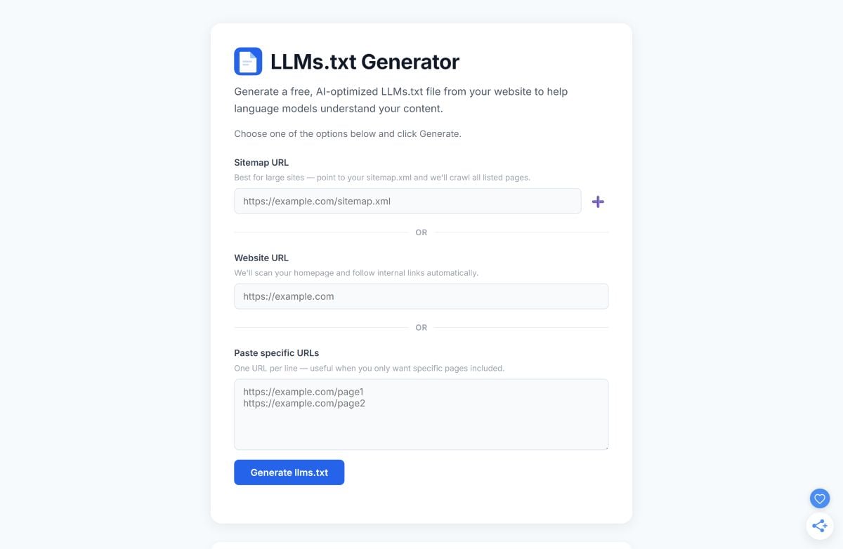 LLMs.txt Generator 自動生成適合 AI 閱讀的 llms.txt 文件