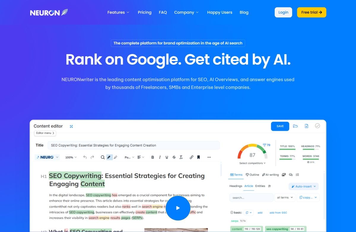 NeuronWriter 能一鍵生成符合 SEO & GEO 架構的文案草稿